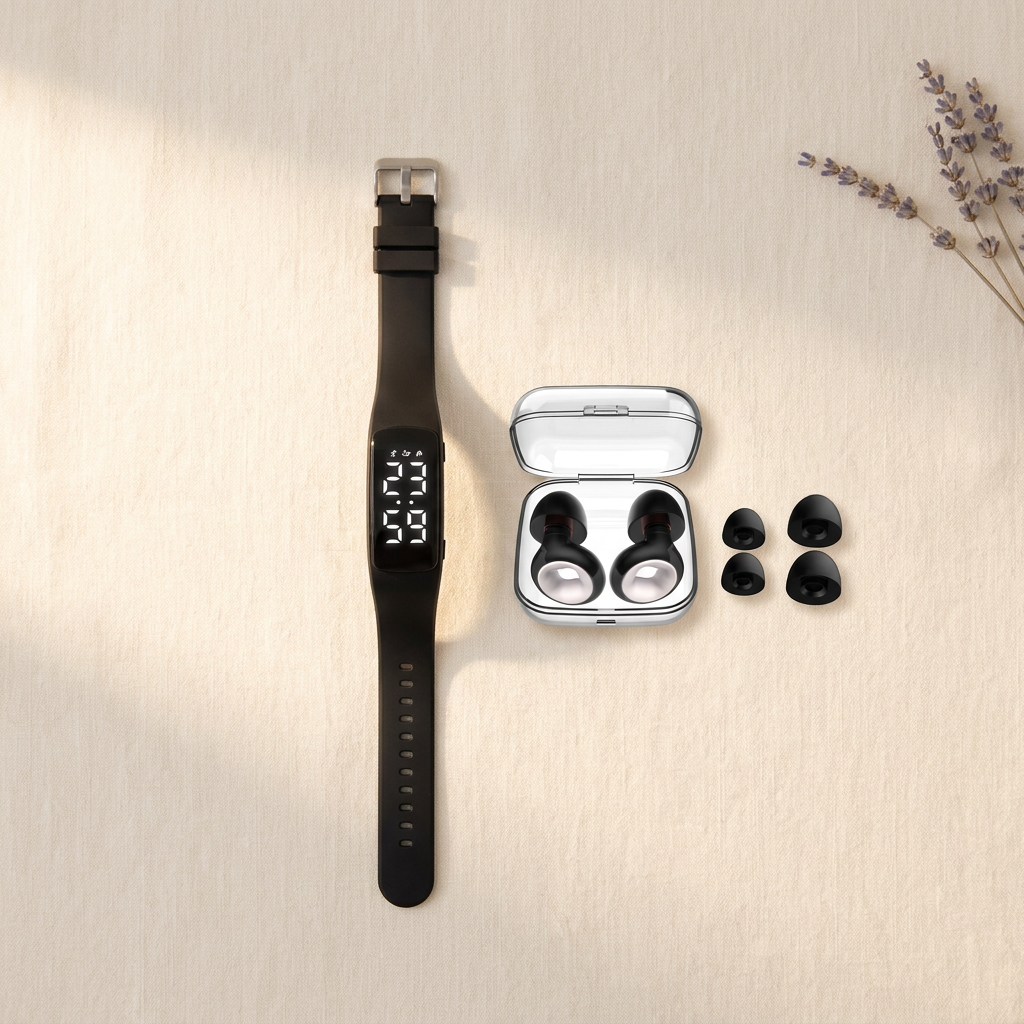 Stillwake Solo Sleep Kit: one silent wrist alarm and one set of earplugs