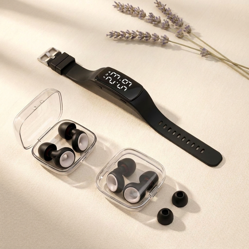 Stillwake Night Shift Kit: 1 silent wrist alarm and 2 pairs of earplugs
